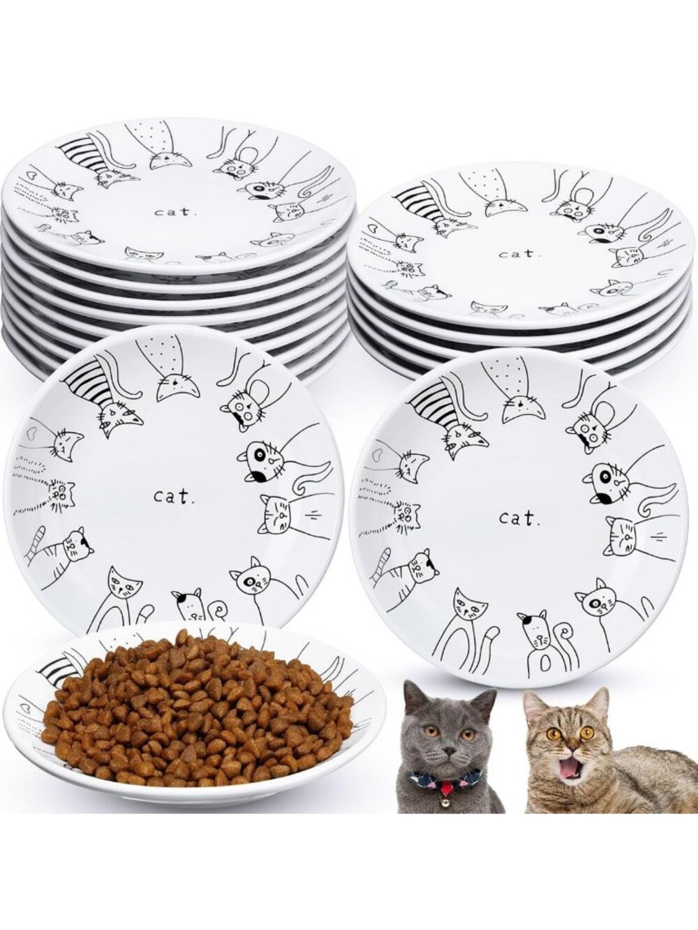 10 Pcs Cute Ceramic Cat Bowls Set - 6 Inch Whisker Fatigue Relief, Fun Patterns